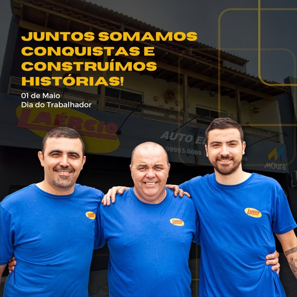Equipe da Auto Elétrica Laércio reunida em frente à oficina, em publicação do Dia do Trabalhador