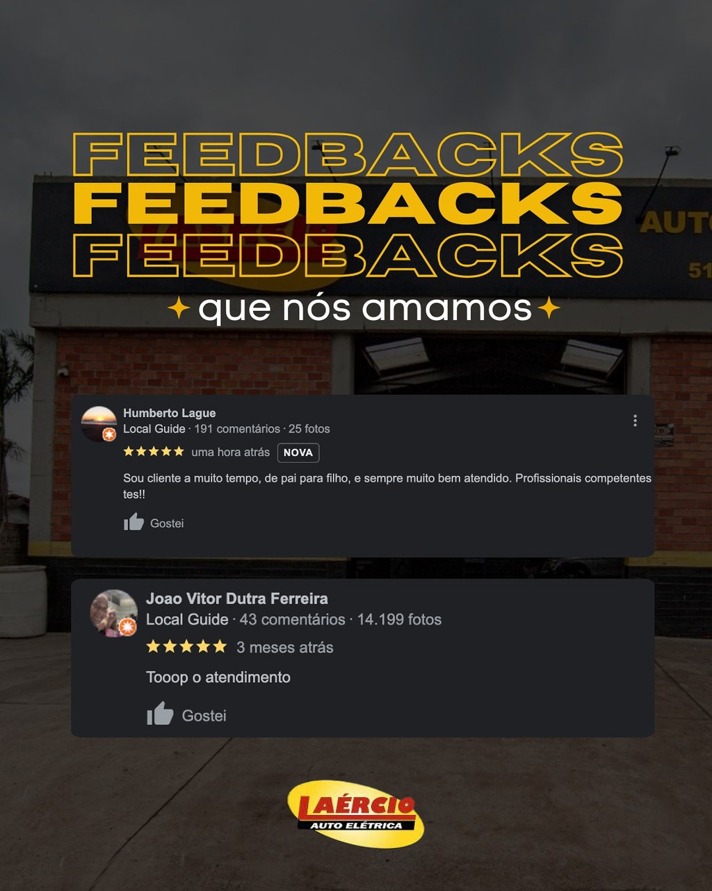 Publicação da Auto Elétrica Laércio reunindo avaliações de clientes no Google